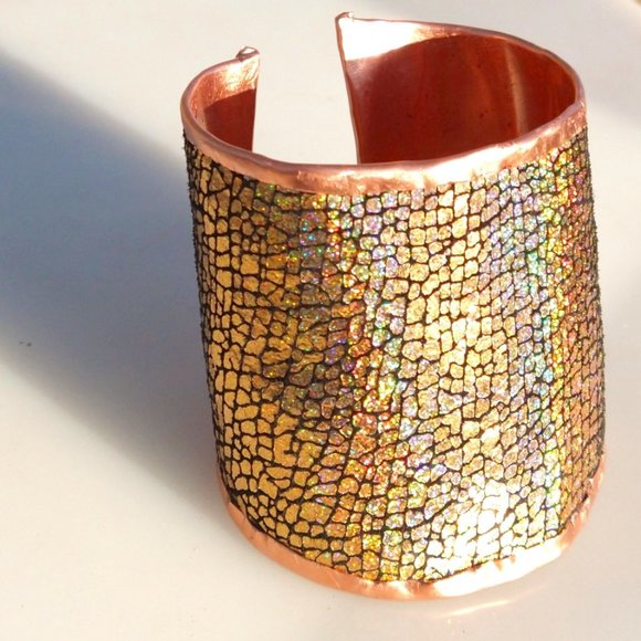 Conceptual Subculture Jewelry - Genuine Leather Hologram Copper Cuff Bracelet Gold